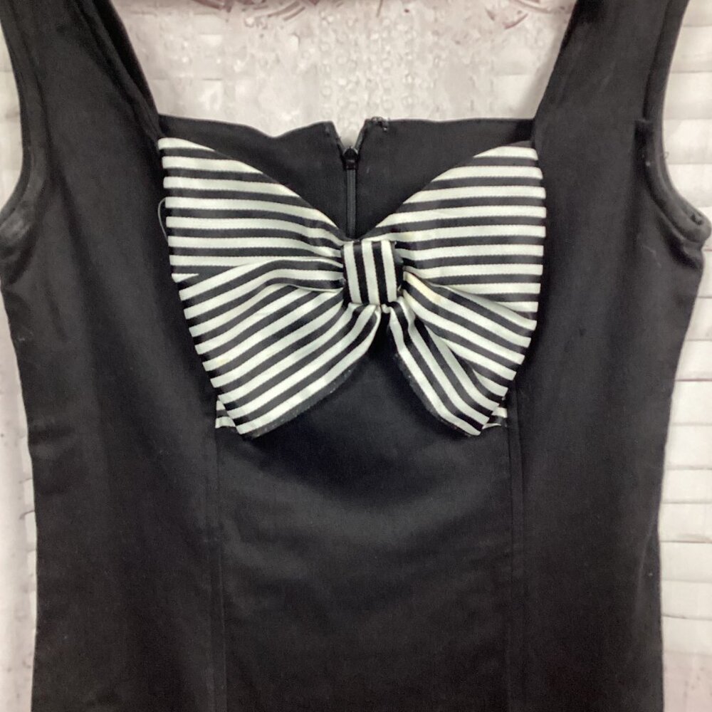 Vintage Anthony Norman Black Sheath Dress w/ Front Cutout Striped Bow 6 - Picture 2 of 7